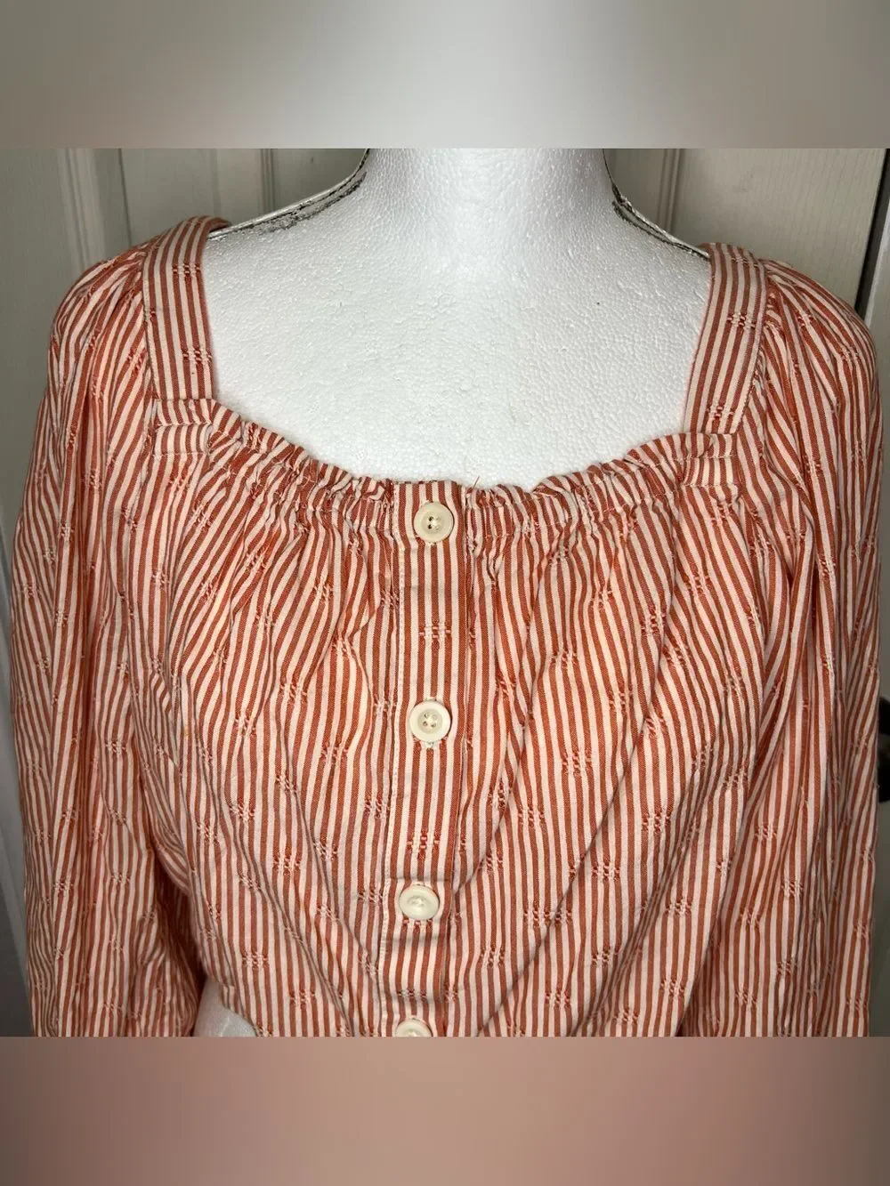 Madewell Orange/White Puff Long Sleeve Front Button Crop Women’s Top Sz M Ranch